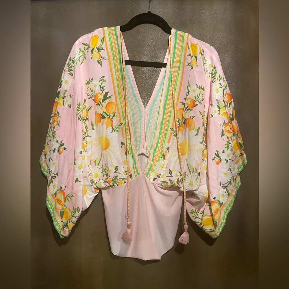 FARM Rio Pink Floral Blouse with Yellow Accents